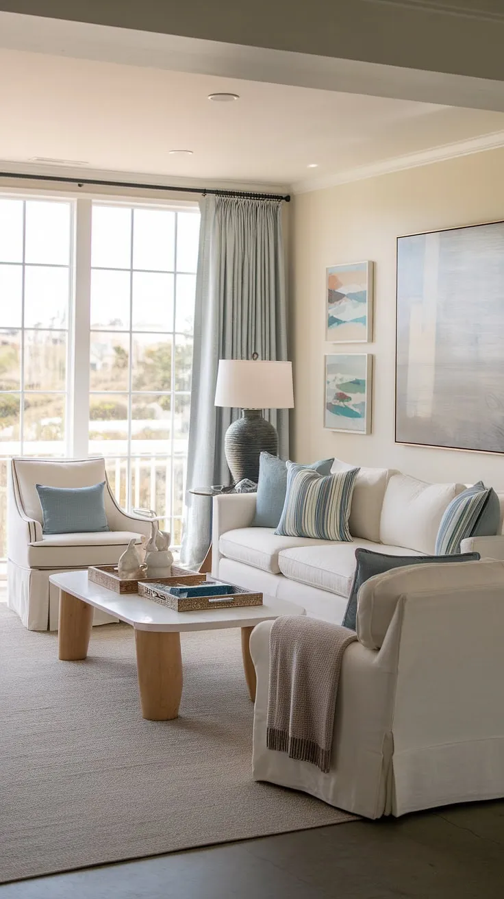 Escape to the coast in this dreamy beach house living room.  The California coastal interior design is effortlessly chic, showcasing the best of coastal casual living room style.  Every detail, from the artwork to the ocean view, contributes to the serene atmosphere of this coastal house.