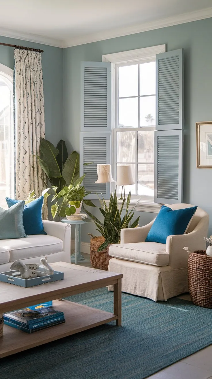 Sunlight streams into this coastal casual living room, perfectly embodying California coastal interior design.  The relaxed elegance of a beach house living room is achieved through thoughtful details, showcasing the best of beach house interior design and coastal interiors design.  This coastal house is a true haven.