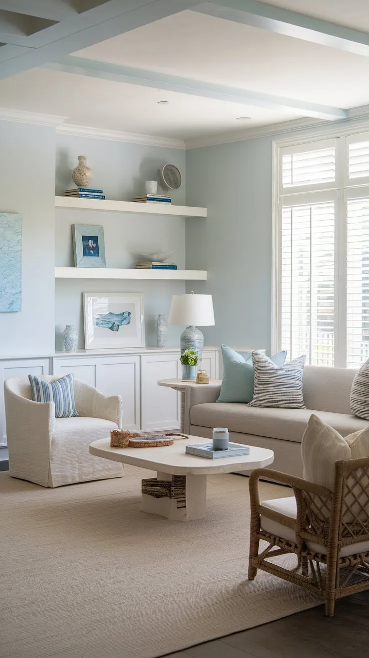 This beach house living room showcases the effortless elegance of coastal interiors design.  The California coastal interior design is flawlessly executed, creating a coastal casual living room that embodies the relaxed spirit of a coastal house.