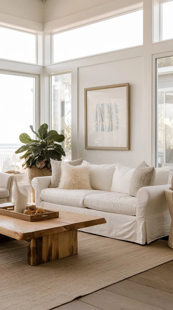 This beach house living room epitomizes coastal casual living, a testament to the beauty of California coastal interior design.  The space effortlessly blends comfort and style, showcasing the best of beach house interior design and coastal interiors design within a stunning coastal house setting.