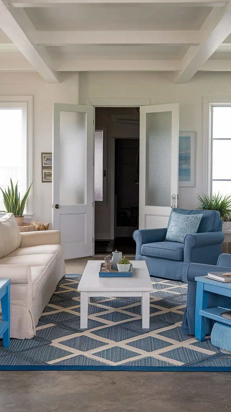 This California coastal interior design is the epitome of beach house living room goals.  The coastal house's airy space and calming color palette create the ultimate retreat, a true testament to coastal interiors design.