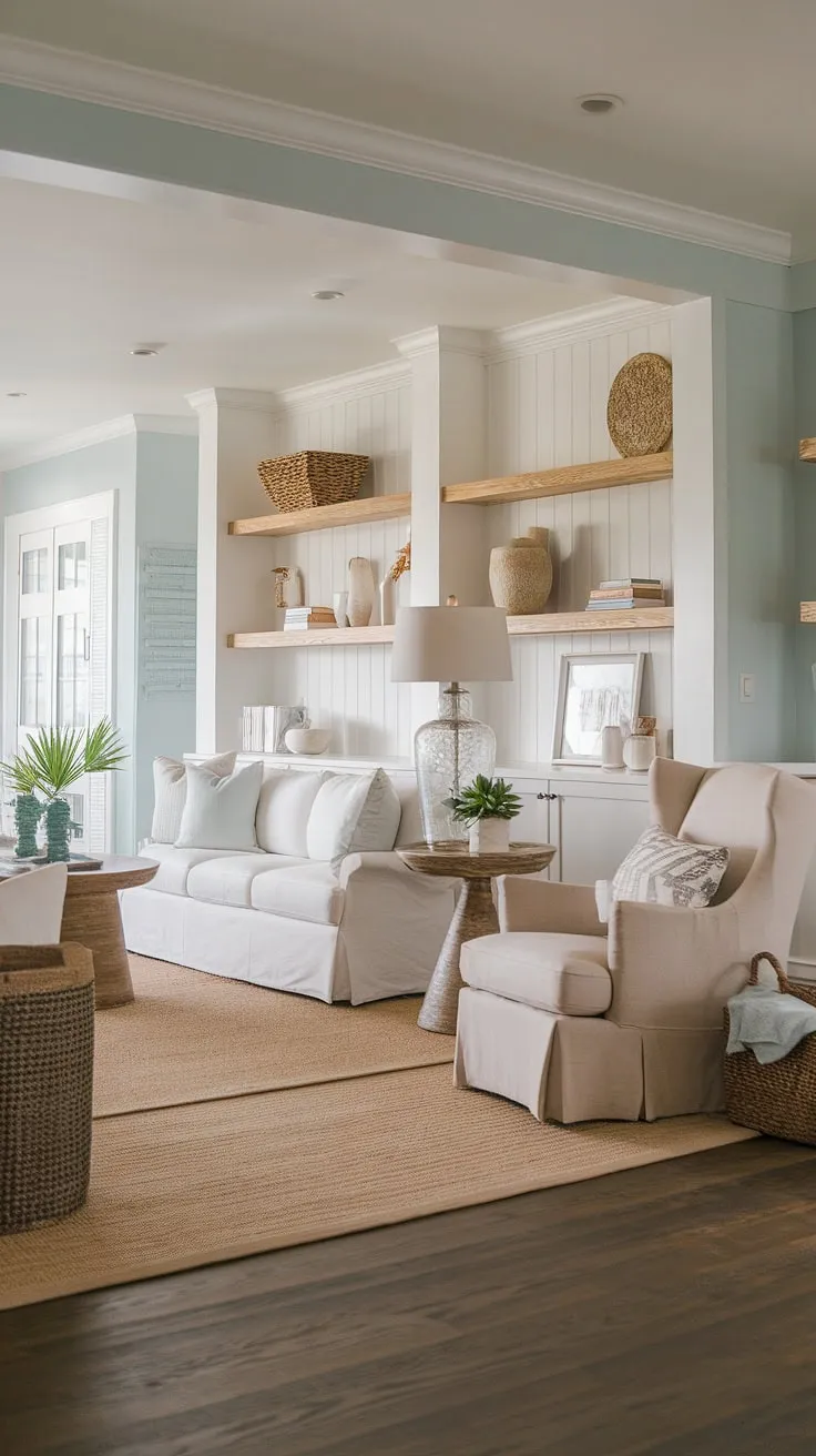 Sunlight streams into this coastal casual living room, perfectly embodying California coastal interior design.  The relaxed atmosphere is pure beach house living room bliss, a testament to the beauty of beach house interior design and coastal interiors design in a charming coastal house.