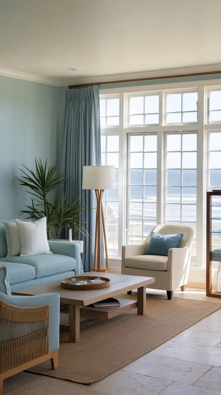 Sunlight streams into this coastal casual living room, perfectly embodying California coastal interior design.  The relaxed atmosphere is pure beach house living room bliss, a testament to the beauty of beach house interior design and coastal interiors design in a stunning coastal house.
