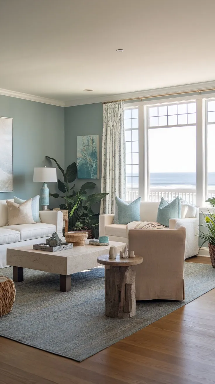 Escape to tranquility in this beach house living room.  The coastal casual living room's soft blue walls and ocean view create a serene California coastal interior design.  This coastal house boasts stunning coastal interiors design, making it the ultimate beach house interior design retreat.