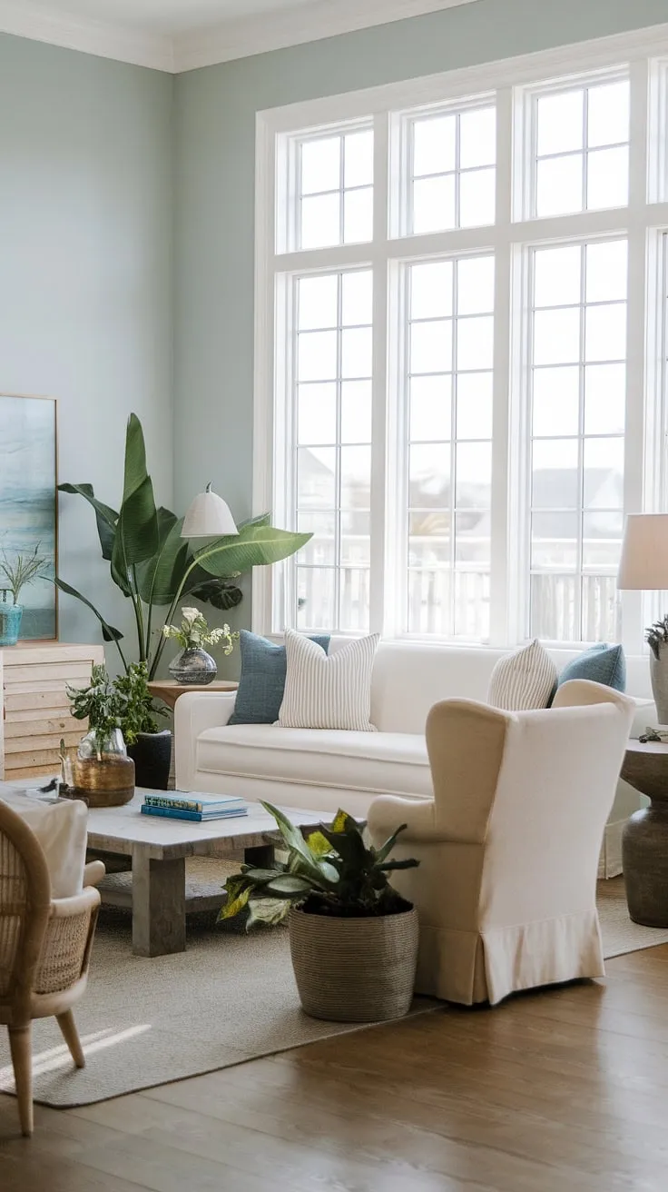 This beach house living room showcases the effortless elegance of coastal interiors design.  The California coastal interior design is flawlessly executed, creating a coastal casual living room that embodies the relaxed spirit of a coastal house.