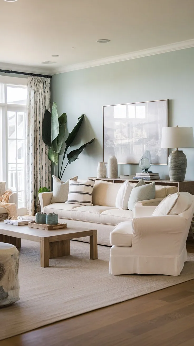 This California coastal interior design showcases the effortless elegance of beach house living room style.  The beige sofa and white chair invite you to unwind, while the natural elements bring the coastal casual living room aesthetic to life in this stunning coastal house.