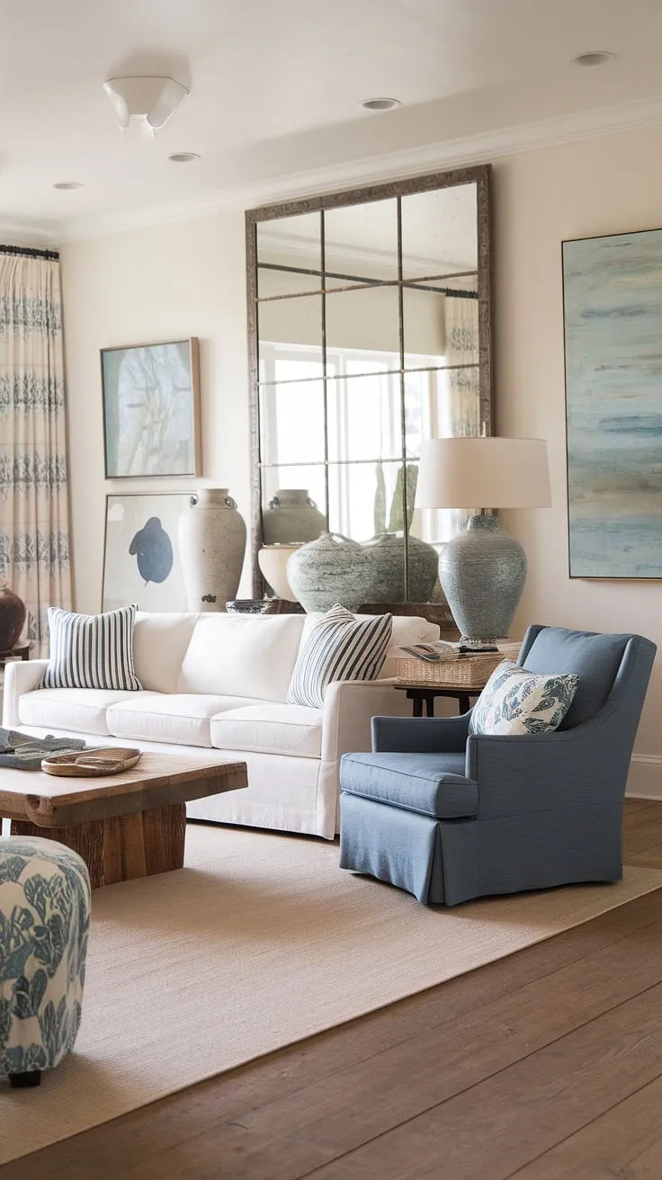This beach house living room showcases the effortless elegance of coastal interiors design.  The California coastal interior design is flawlessly executed, creating a coastal casual living room that embodies the relaxed spirit of a coastal house.