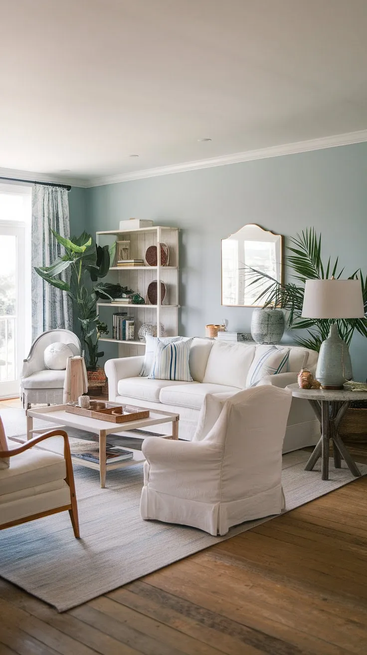Sunlight streams into this coastal casual living room, perfectly embodying California coastal interior design.  The relaxed beach house living room aesthetic, complete with whitewashed furniture and pops of greenery, creates the ultimate beach house interior design haven in this coastal house.