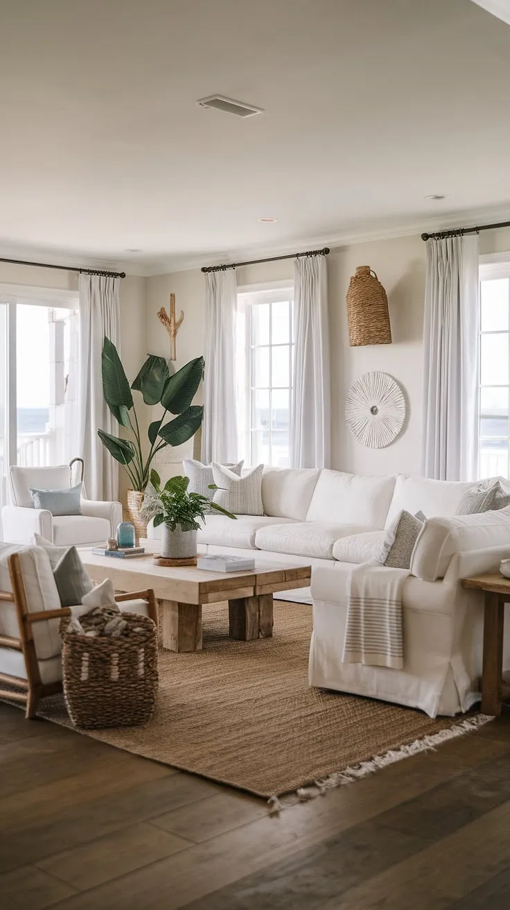 Sunlight streams into this coastal casual living room, perfectly embodying California coastal interior design.  The relaxed elegance of a beach house living room is achieved through thoughtful details, showcasing the best of beach house interior design and coastal interiors design.  This coastal house is a true sanctuary.