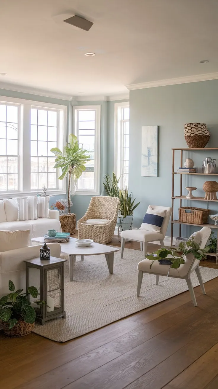 This beach house living room showcases the effortless elegance of coastal interiors design.  The California coastal interior design is flawlessly executed, creating a coastal casual living room that embodies the relaxed spirit of a coastal house.