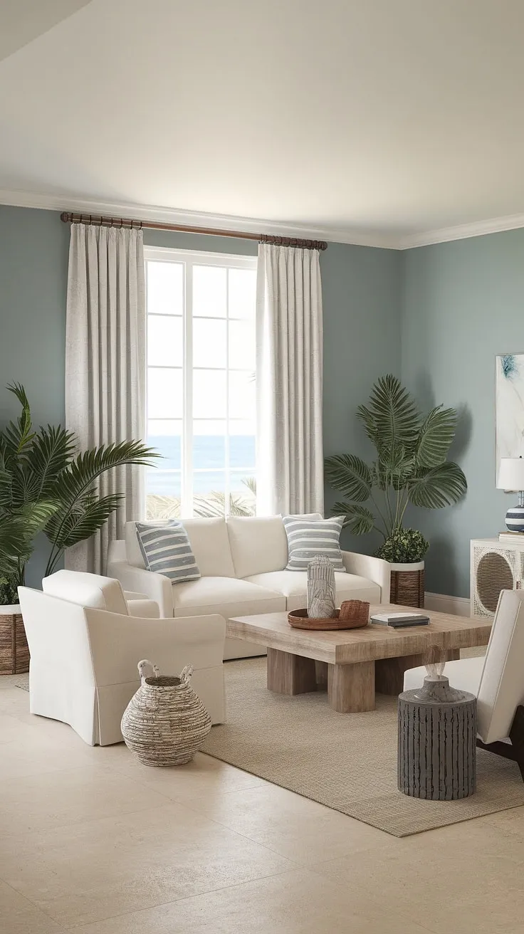 This beach house interior design perfectly captures the essence of California coastal interior design.  The coastal casual living room, with its white sofa and calming blue walls, is the epitome of coastal interiors design in a beautiful coastal house.