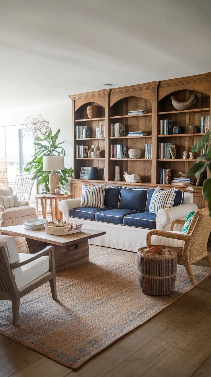Sunlight streams into this coastal casual living room, perfectly embodying California coastal interior design.  The relaxed atmosphere speaks to the essence of beach house living room style, a true reflection of beach house interior design at its finest. This coastal interiors design showcases the beauty of coastal house living.