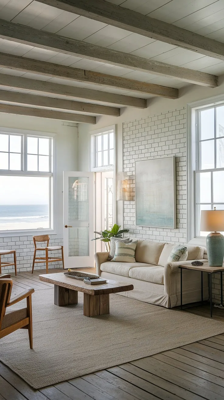 Sunlight streams into this coastal casual living room, showcasing the relaxed elegance of California coastal interior design.  The weathered wood beams and whitewashed brick walls create a beach house living room that's both inviting and effortlessly chic, a perfect example of coastal interiors design in a charming coastal house.