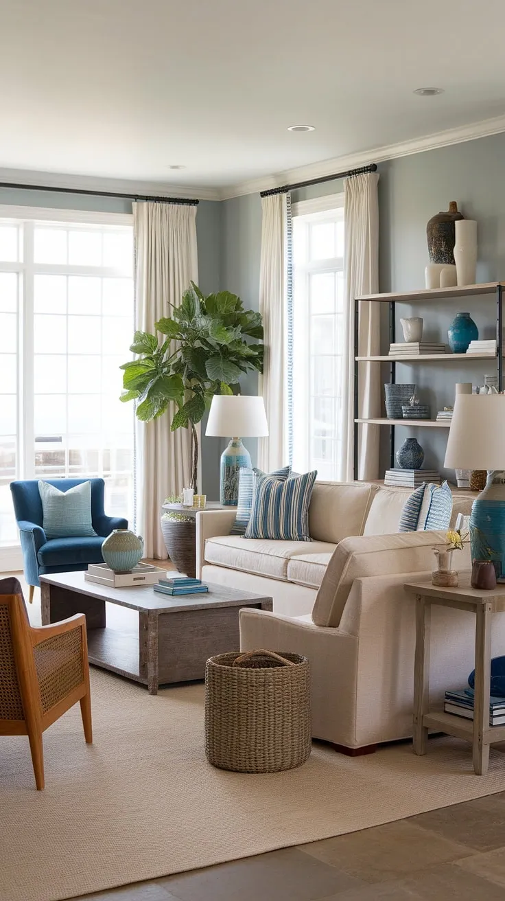 This beach house living room showcases the effortless elegance of coastal interiors design.  The California coastal interior design is flawlessly executed, creating a coastal casual living room that embodies the relaxed spirit of a coastal house.