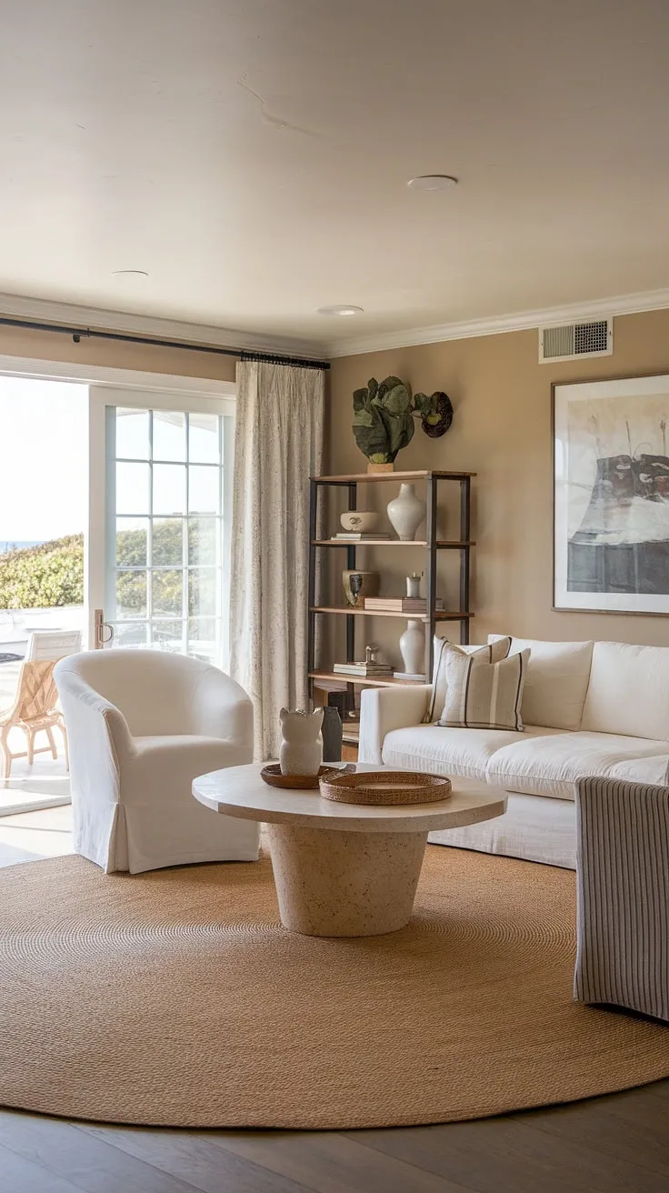 Sunlight streams into this coastal casual living room, perfectly embodying California coastal interior design.  The relaxed atmosphere and breezy decor create the ultimate beach house living room, a true testament to beach house interior design and coastal interiors design.  This coastal house is a dream come true.