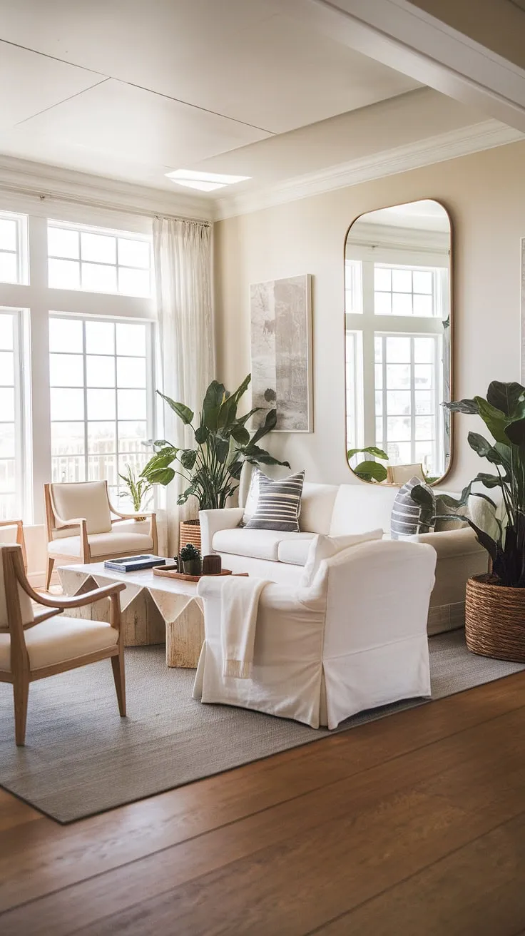 Sunlight streams into this coastal casual living room, perfectly embodying California coastal interior design.  The relaxed elegance of a beach house living room is achieved through thoughtful details, showcasing the best of beach house interior design and coastal interiors design.  This coastal house is a true sanctuary.