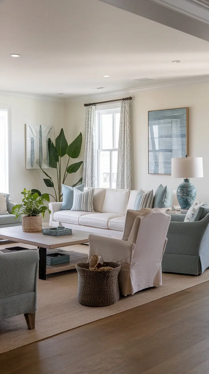 Escape to tranquility in this beach house living room.  The coastal casual living room showcases the best of California coastal interior design, with its effortless blend of comfort and coastal charm.  This coastal house exemplifies beach house interior design and coastal interiors design at its finest.