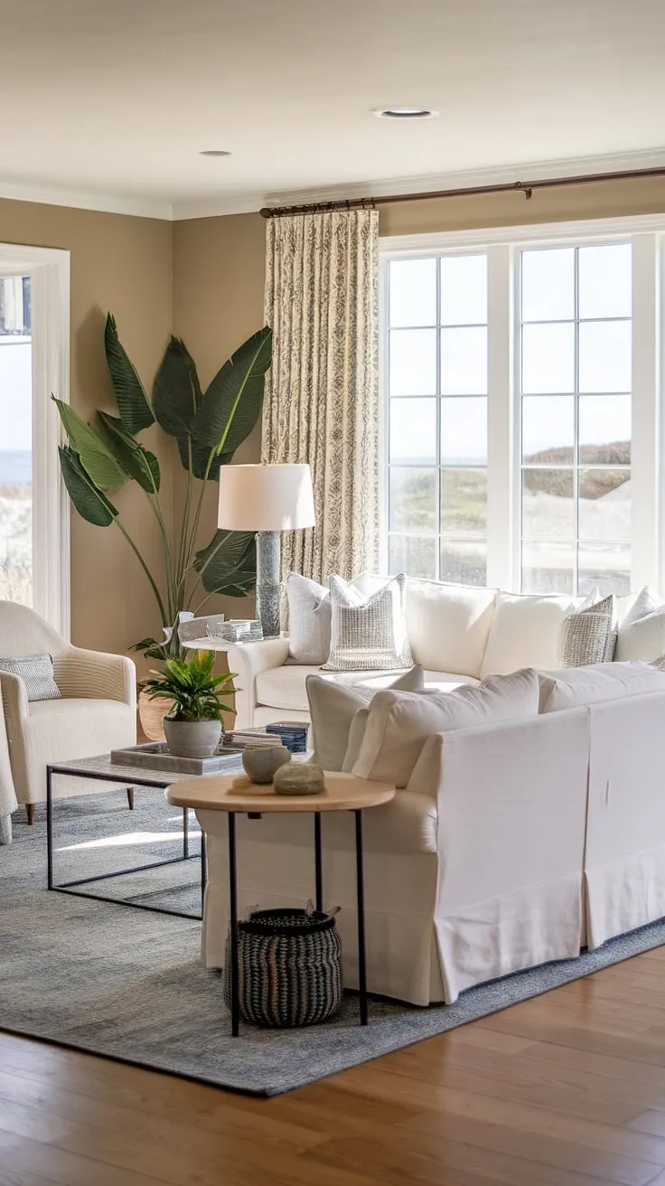 This beach house interior design epitomizes coastal casual living room style.  The California coastal interior design is effortlessly chic, with natural light highlighting the relaxed ambiance of this coastal house.  A perfect example of coastal interiors design at its finest.