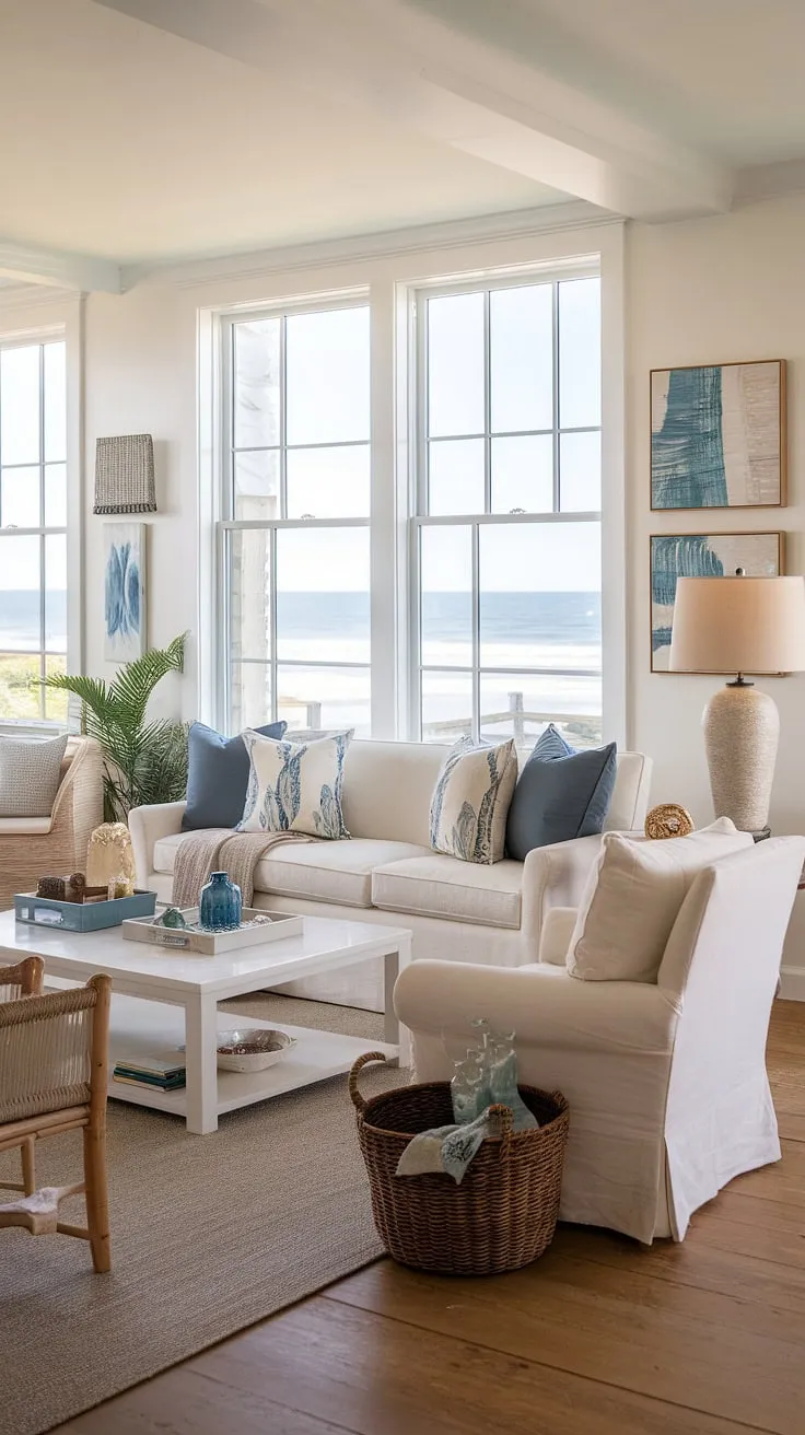 This beach house living room embodies the spirit of coastal casual living room style.  The California coastal interior design is effortlessly chic, blending comfort and stunning ocean views within this coastal house.  A perfect example of beach house interior design and coastal interiors design.