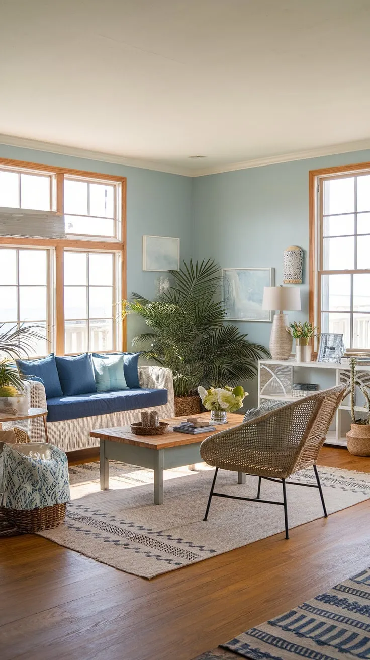 Sunlight streams into this coastal casual living room, perfectly embodying California coastal interior design.  The relaxed atmosphere and breezy decor create the ultimate beach house living room, a true reflection of beach house interior design at its finest.  Coastal interiors design doesn't get much better than this coastal house haven.