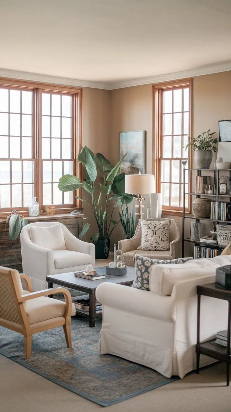 This beach house living room showcases the effortless elegance of coastal interiors design.  The California coastal interior design is flawlessly executed, creating a coastal casual living room that embodies the relaxed spirit of a coastal house.