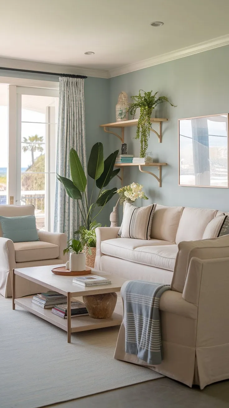 Escape to the coast in this dreamy beach house living room.  The California coastal interior design is effortlessly chic, showcasing a relaxed coastal casual living room aesthetic.  Every detail, from the potted plants to the view beyond the door, speaks to the beauty of coastal house living and coastal interiors design.
