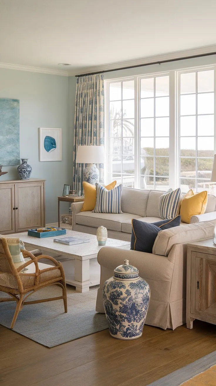 Sunlight streams into this coastal casual living room, perfectly embodying California coastal interior design.  The relaxed atmosphere is pure beach house living room bliss, a testament to the beauty of beach house interior design and coastal interiors design in a stunning coastal house.