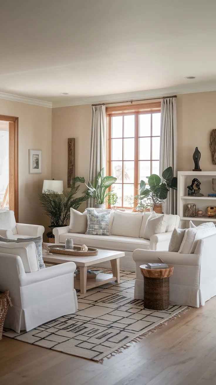 Sunlight streams into this coastal casual living room, perfectly embodying California coastal interior design.  The relaxed atmosphere is pure beach house living room bliss, a testament to the beauty of beach house interior design and coastal interiors design in a stunning coastal house.