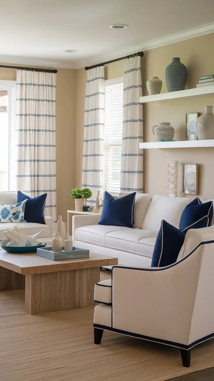 Embrace the effortless elegance of coastal living in this stunning space.  Coastal Hampton's living room design meets beachy themed decor, creating a cottage beach house living room with a modern twist.  Coastal modern curtains complete the look, bringing a refreshing beach vibe living room decor to life.