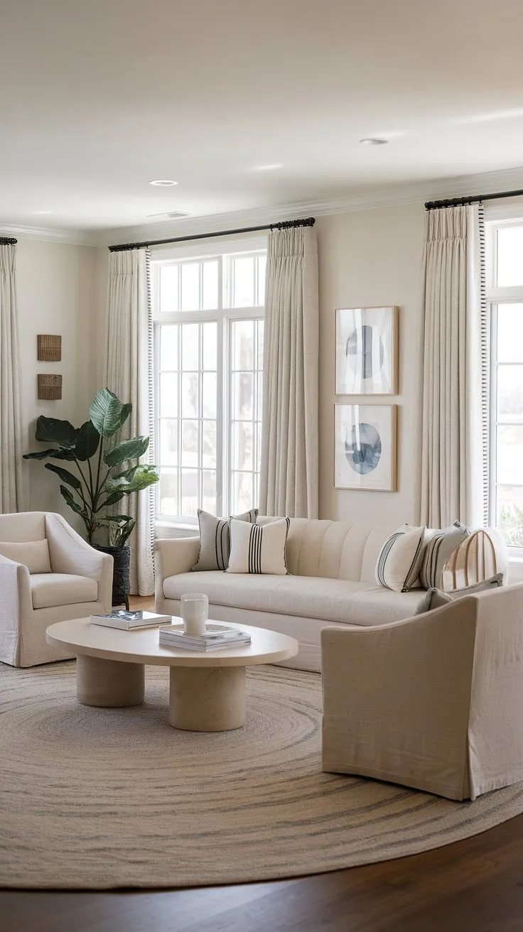 Relax and unwind in this coastal contemporary living room, where coastal living room decor meets the Hamptons aesthetic.  The beachy themed decor, including the coastal modern curtains, creates the perfect cottage beach house living room vibe, transporting you to a tranquil beachside escape.
