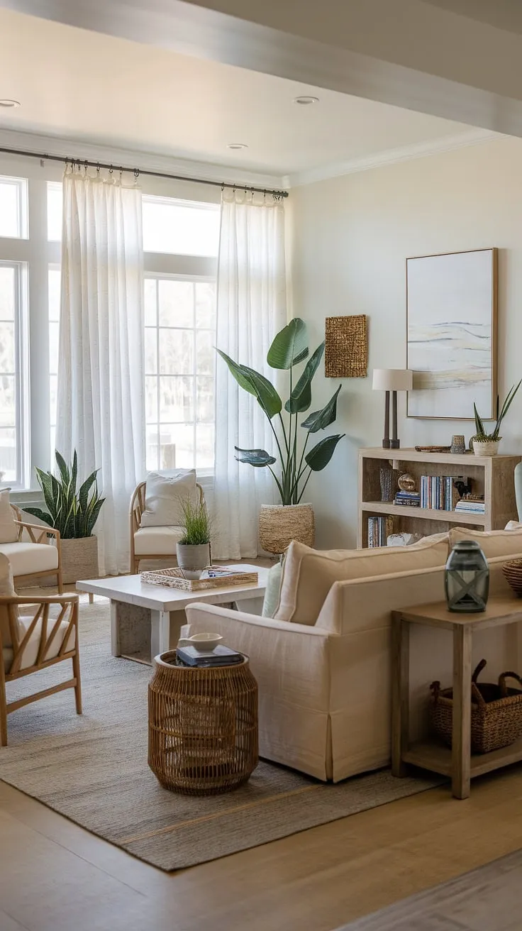 Relax and unwind in this coastal contemporary living room, where a cottage beach house vibe meets sophisticated coastal living room decor.  The beachy themed decor, complete with coastal modern curtains, creates the perfect coastal Hamptons living room escape.