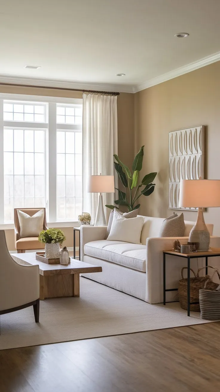 This coastal Hampton's living room embodies the ultimate beach house escape.  The coastal living room decor is effortlessly chic, blending coastal contemporary elements with a charming cottage feel.  Coastal modern curtains and beachy themed decor complete the serene beach vibe living room.