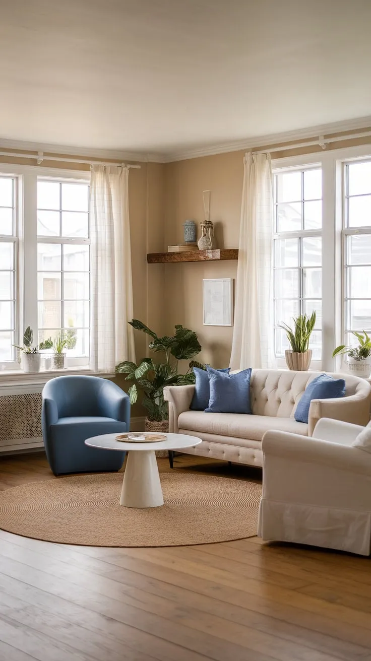 Escape to tranquility in this cottage beach house living room.  Coastal modern curtains frame the stunning natural light, complementing the beachy themed decor and creating the ultimate coastal hamptons living room.  This coastal living room decor perfectly embodies a relaxed beach vibe living room decor.