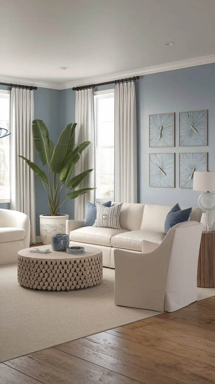 Embrace the relaxed elegance of coastal contemporary living in this stunning space.  Coastal living room decor meets Hampton's style with beachy themed accents, creating a cottage beach house living room atmosphere. Note the coastal modern curtains perfectly complementing the overall beach vibe living room decor.