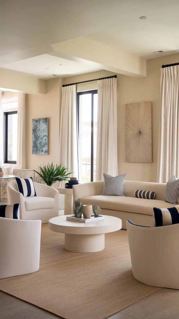 Sunlight streams into this coastal contemporary living room, showcasing the perfect blend of coastal living room decor and Hamptons style.  Beachy themed decor, including coastal modern curtains, creates a relaxed cottage beach house living room atmosphere with a distinct beach vibe living room decor.