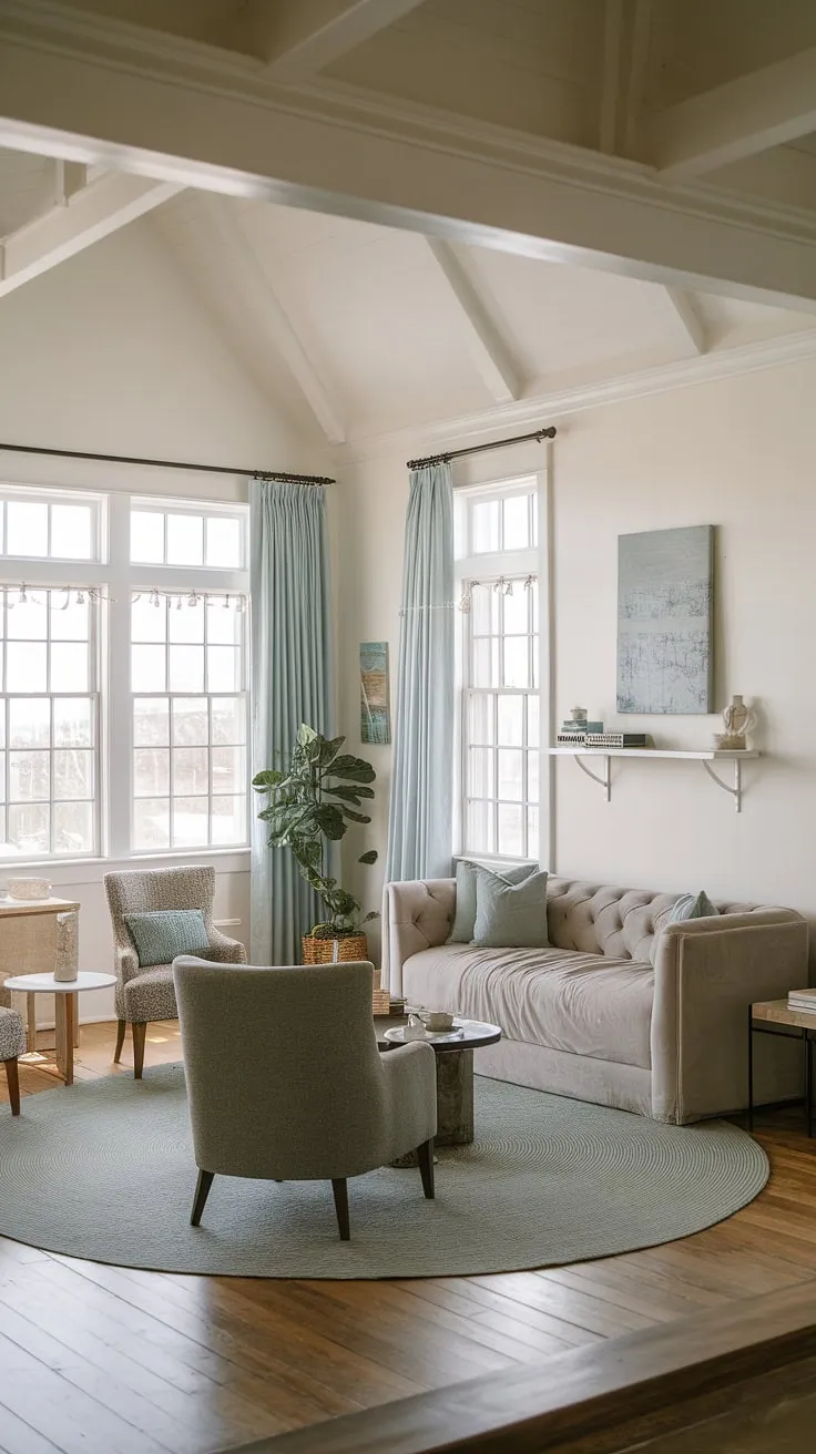 Sunlight streams into this coastal contemporary living room, showcasing the perfect blend of coastal living room decor and Hamptons style.  Beachy themed decor, including coastal modern curtains, creates a relaxed cottage beach house living room atmosphere with an undeniable beach vibe living room decor.
