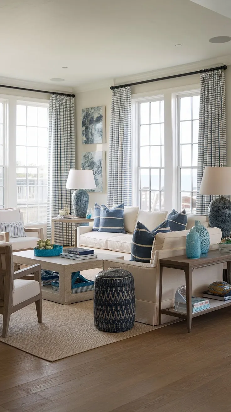 This coastal Hamptons living room is the epitome of relaxed elegance.  The beach vibe living room decor is effortlessly chic, blending coastal contemporary living room style with charming cottage beach house living room elements.  Notice the coastal modern curtains and thoughtful coastal living room decor choices that create a truly inviting space.