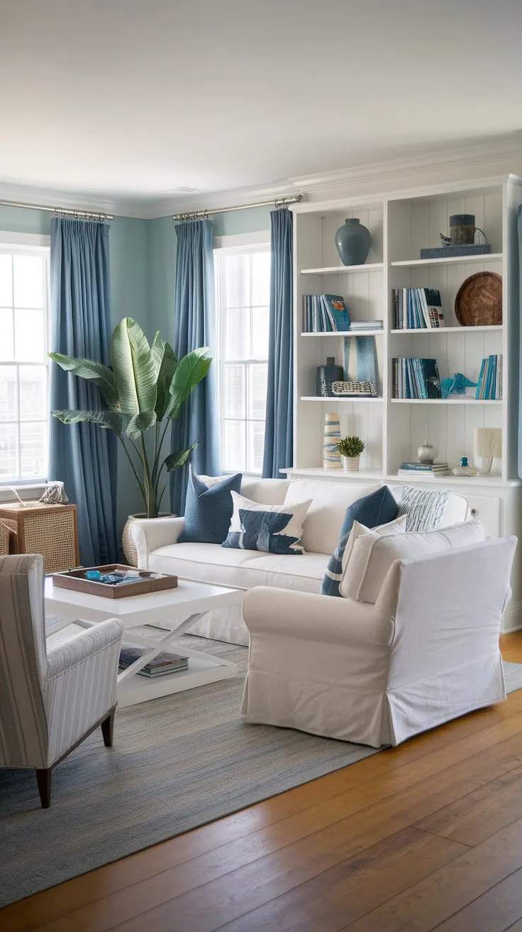 Sunlight streams into this coastal contemporary living room, showcasing the perfect blend of coastal living room decor and Hamptons style.  Beachy themed decor, including coastal modern curtains, creates a relaxed cottage beach house living room atmosphere with a distinct beach vibe living room decor.