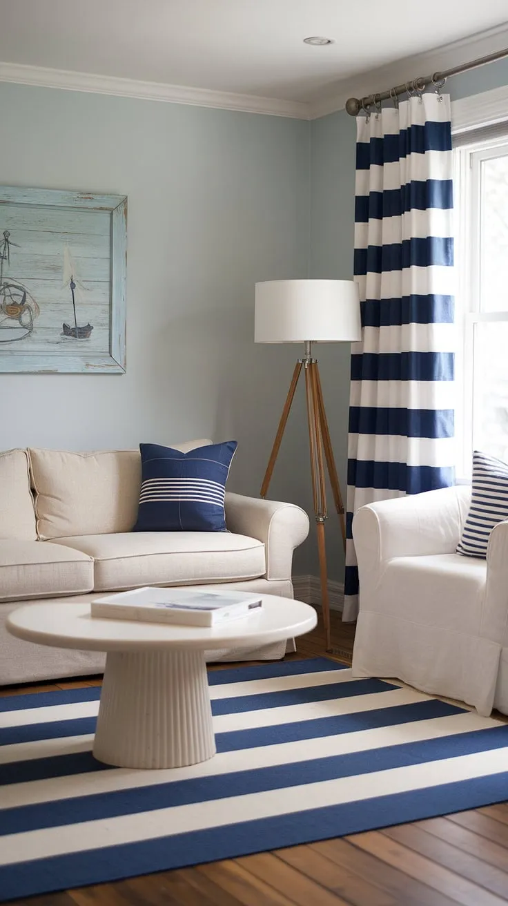 Relaxed coastal contemporary living unfolds in this bright and airy space.  The coastal living room decor, with its beachy themed accents and coastal modern curtains, evokes the effortless charm of a Hampton's cottage beach house living room.  A perfect blend of beach vibe living room decor and sophisticated style.