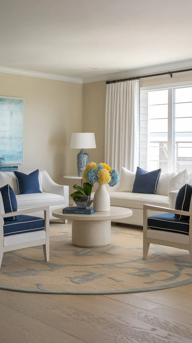 Relax and unwind in this coastal contemporary living room, where coastal living room decor meets the Hamptons aesthetic.  The beachy themed decor, including the coastal modern curtains, creates a tranquil cottage beach house living room with a distinct beach vibe.
