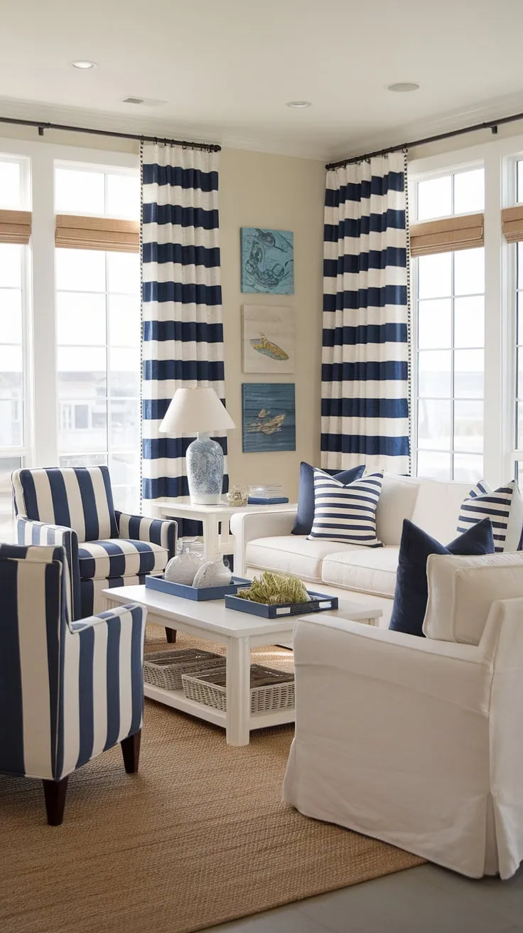 This coastal Hampton's living room embodies the perfect blend of beach house charm and modern sophistication.  Coastal living room decor is effortlessly chic with its beachy themed accents and coastal modern curtains, transforming this space into a tranquil cottage beach house living room with a captivating beach vibe.