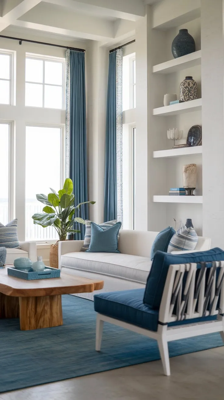 Escape to tranquility in this coastal living room.  The coastal hamptons living room design seamlessly merges beach vibe living room decor with contemporary elegance.  Coastal living room decor is effortlessly achieved through the thoughtful use of color, texture, and light, creating a space that's both stylish and supremely comfortable.
