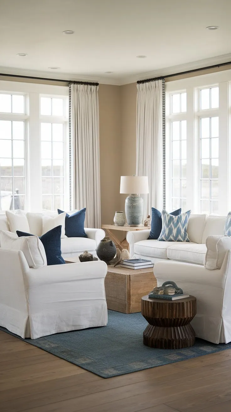 Embrace the relaxed elegance of coastal contemporary living in this stunning coastal Hampton's living room.  Beachy themed decor and coastal modern curtains create the perfect cottage beach house living room, offering a tranquil beach vibe living room decor.