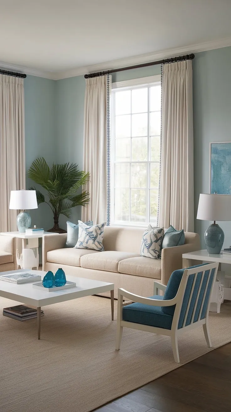 Sunlight streams into this coastal contemporary living room, showcasing the perfect blend of coastal living room decor and Hampton's style.  Beachy themed decor, including coastal modern curtains, creates a relaxed cottage beach house living room atmosphere with a distinct beach vibe living room decor.