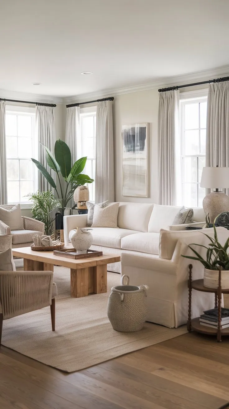 This coastal Hampton's living room epitomizes beachy themed decor.  The coastal modern curtains and carefully curated coastal living room decor transform this space into a serene cottage beach house living room, perfect for embracing coastal contemporary living.