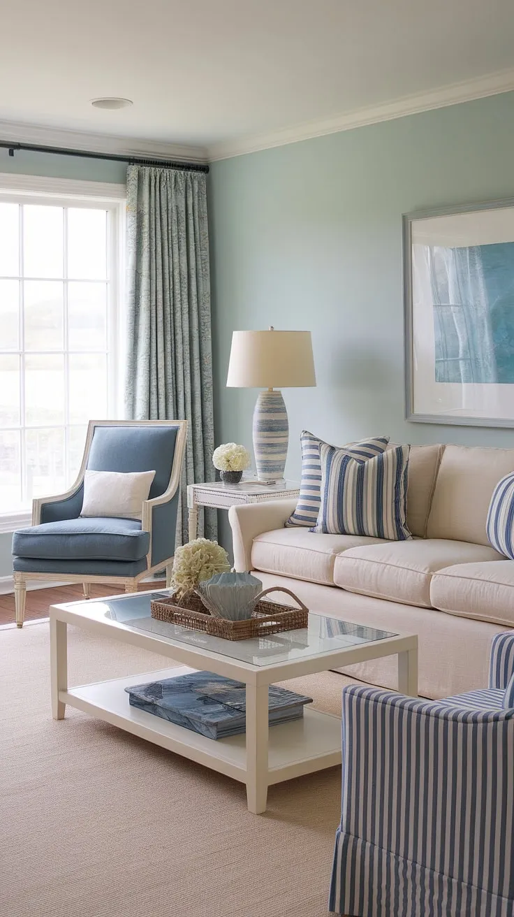 Relaxed coastal contemporary living unfolds in this bright and airy space.  The coastal living room decor, with its beachy themed accents and coastal modern curtains, evokes the effortless charm of a Hampton's cottage beach house living room.  Every detail contributes to the perfect beach vibe living room decor.