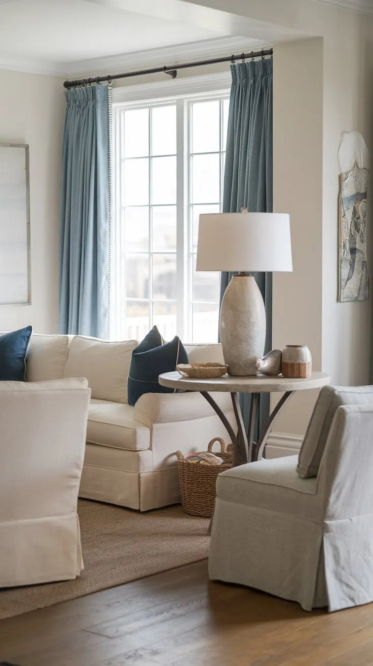 Embrace the relaxed elegance of coastal contemporary living in this stunning coastal Hampton's living room.  Beachy themed decor and coastal modern curtains create the perfect cottage beach house living room, offering a tranquil beach vibe living room decor.
