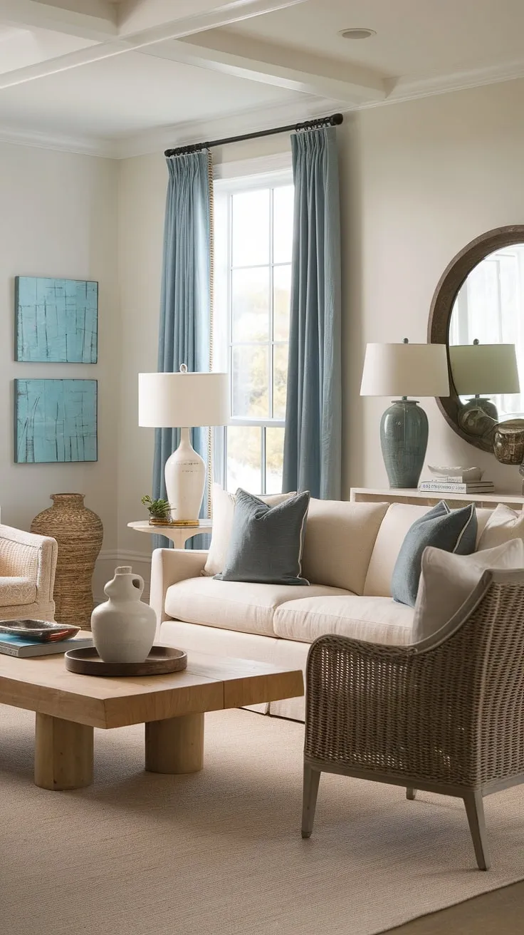 Relax and unwind in this coastal contemporary living room, where coastal living room decor meets the Hamptons aesthetic.  Beachy themed decor and coastal modern curtains create a tranquil cottage beach house living room with a distinct beach vibe.