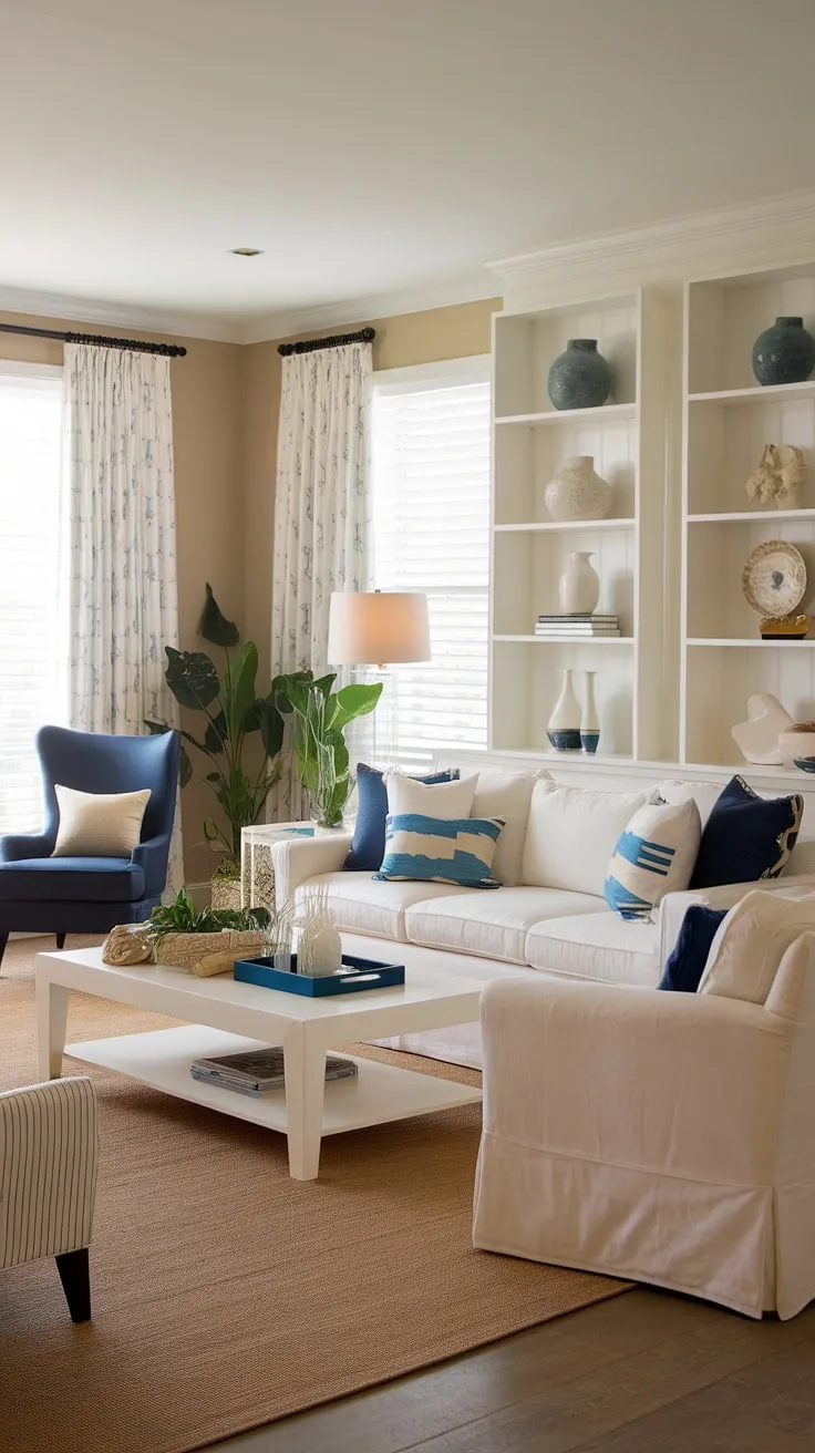 Embrace the effortless elegance of coastal living in this stunning space.  The coastal hamptons living room design is perfectly complemented by beachy themed decor and coastal modern curtains, creating a dreamy cottage beach house living room with a captivating beach vibe. This coastal living room decor is the epitome of relaxed sophistication.
