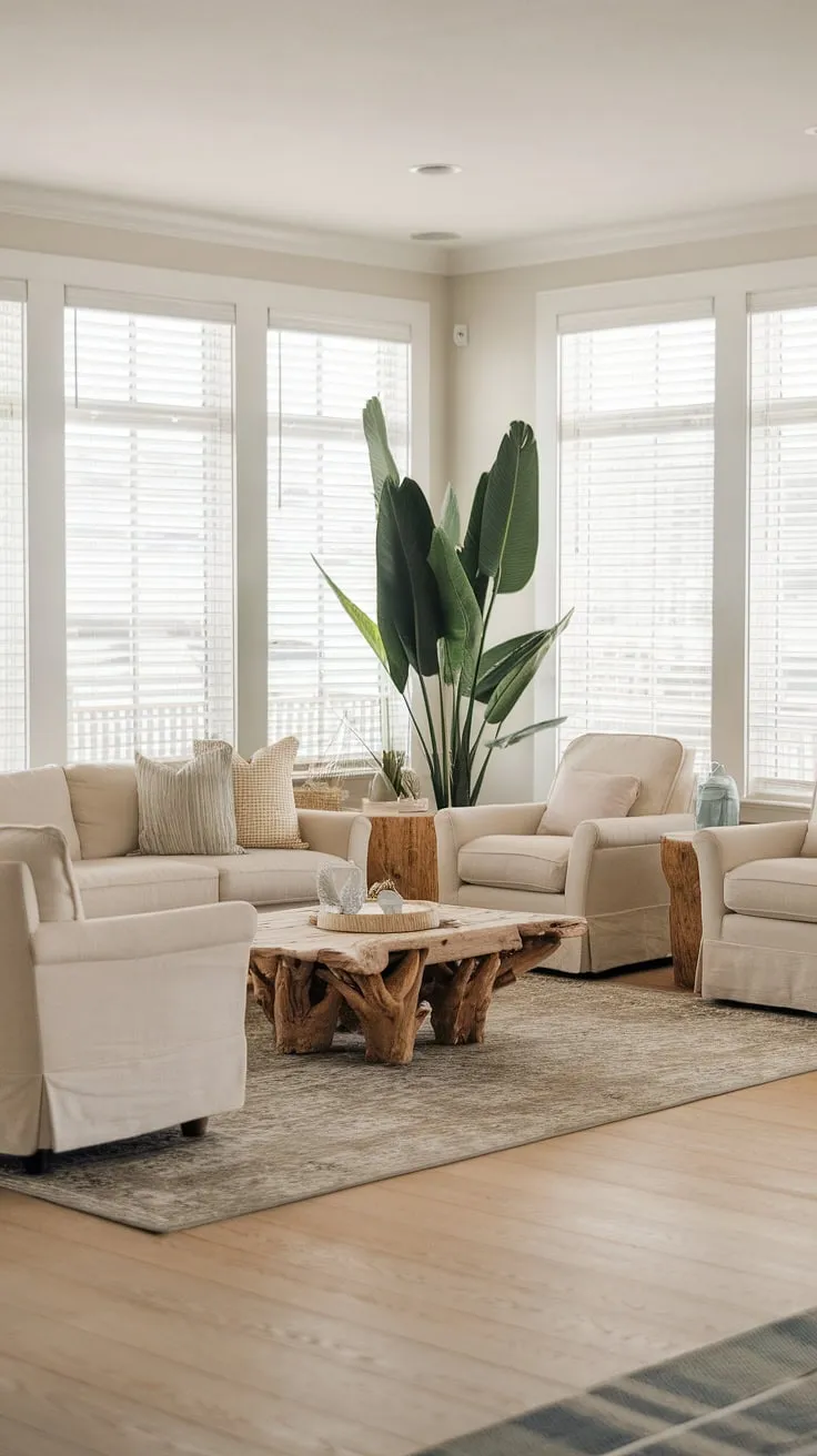 Sunlight streams into this coastal contemporary living room, creating the perfect blend of coastal Hampton's style and cottage beach house charm.  The driftwood coffee table and beachy themed decor perfectly complement the light beige sofa and coastal modern curtains, resulting in a relaxed beach vibe living room decor that's both stylish and inviting.
